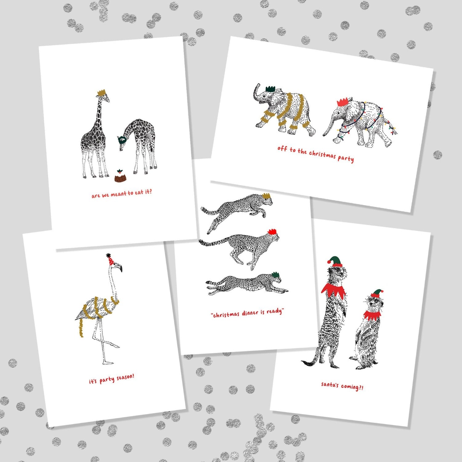 pack of 5 christmas cards - safari animals - bamber prints