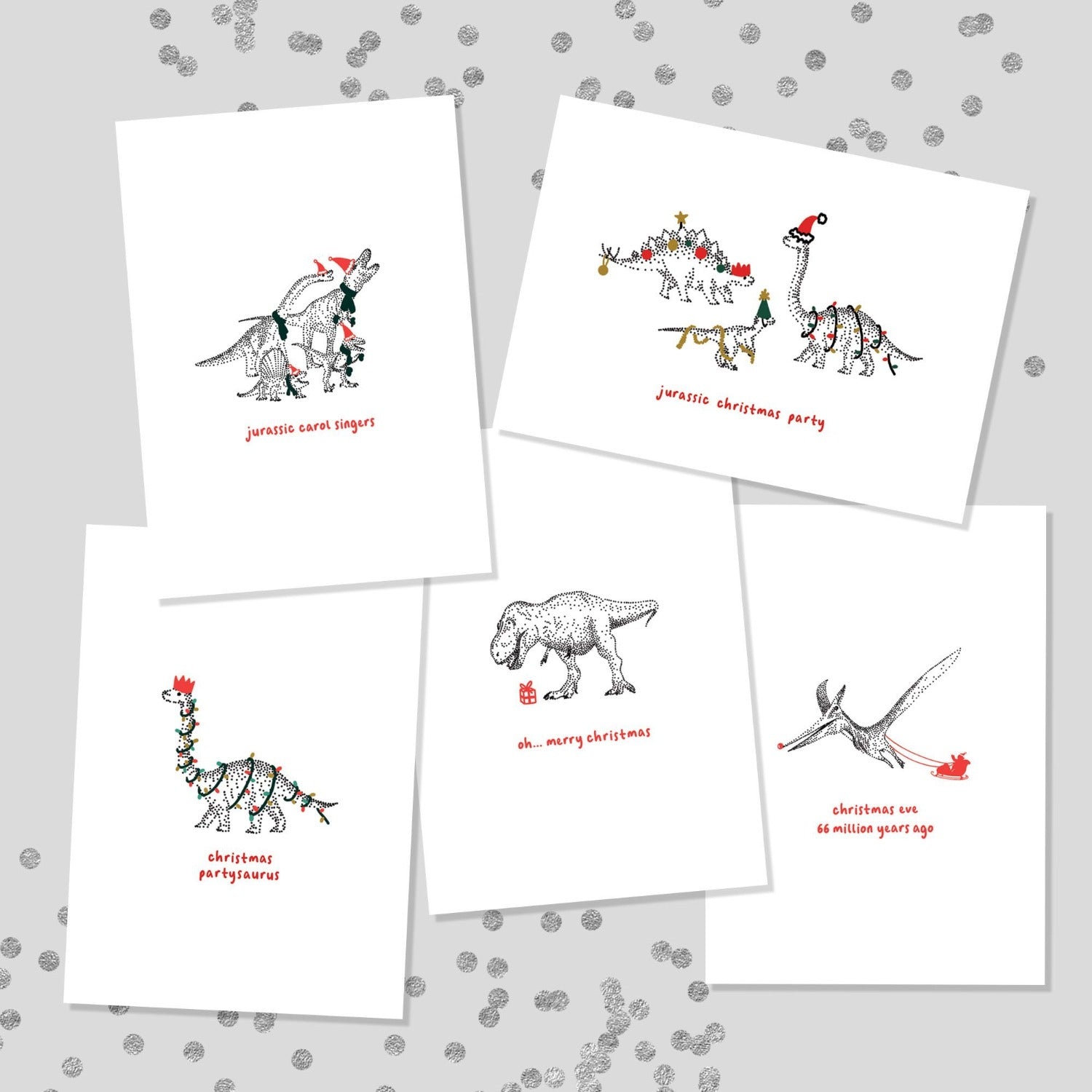 pack of 5 christmas cards - dinosaurs - bamber prints