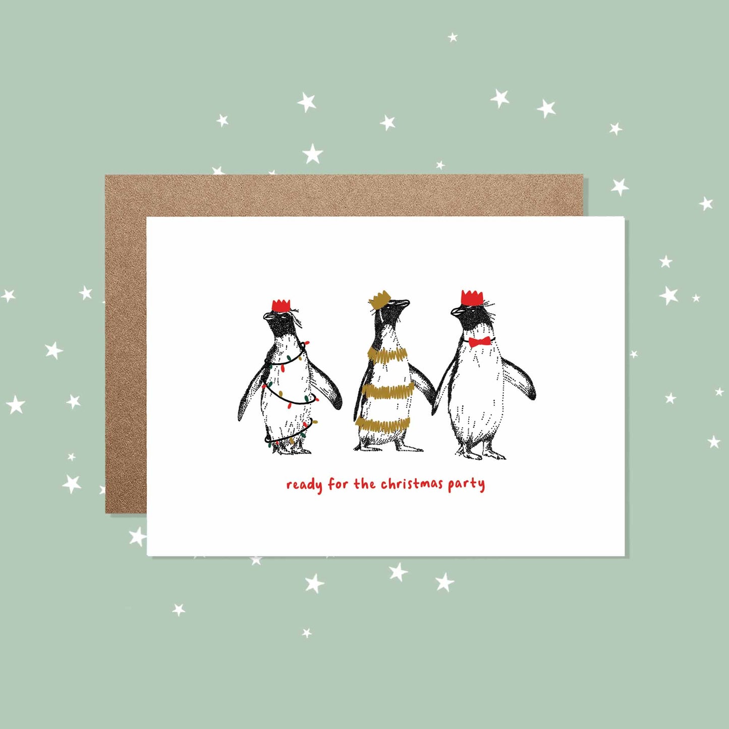 Ready for the Christmas Party - Penguin Christmas Card - Bamber Prints