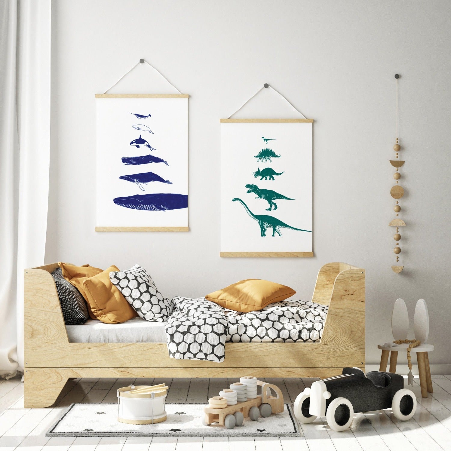 bamber prints whale and dinosaur species print in scandi kids bedroom