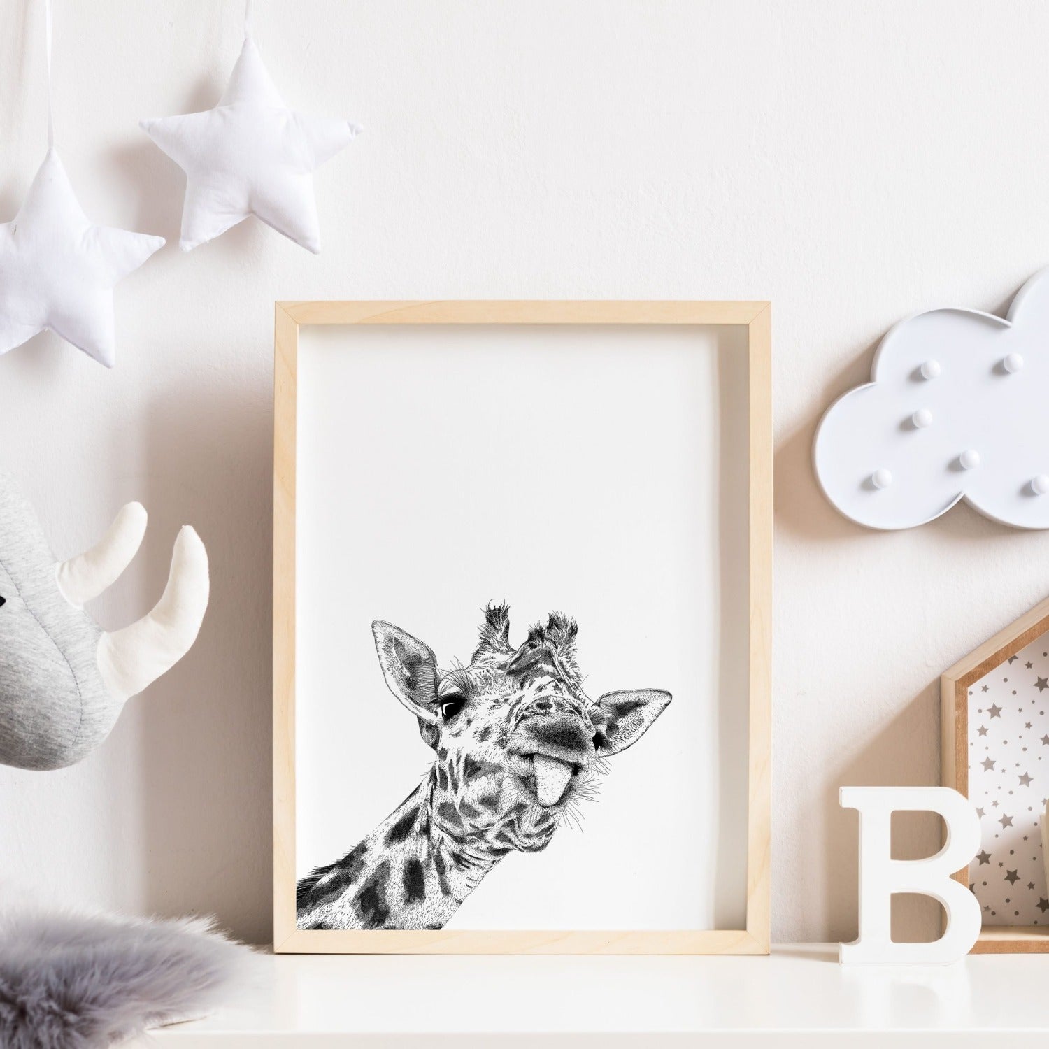 Cheeky Giraffe Print - Black and White Animal Art - Bamber Prints