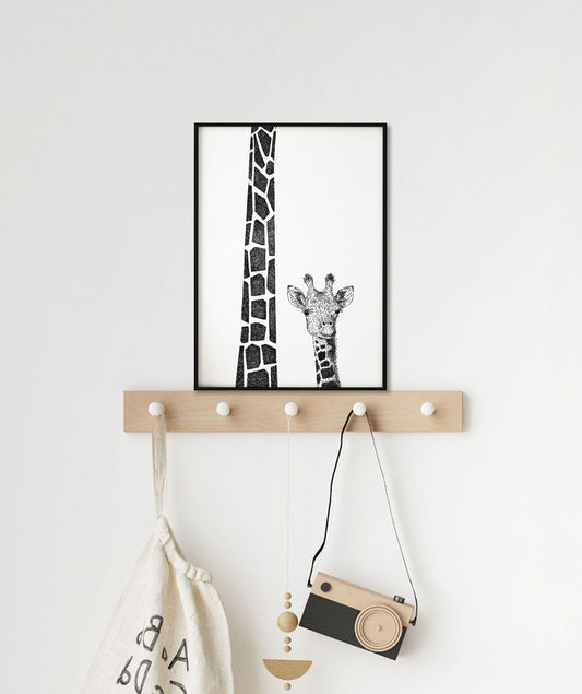 Mum + Baby Giraffe Print - Black and White Animal Art - Bamber Prints